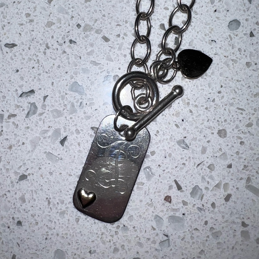 Vintage BASCH Initial J dog tag necklace - 14K gold and sterling silver